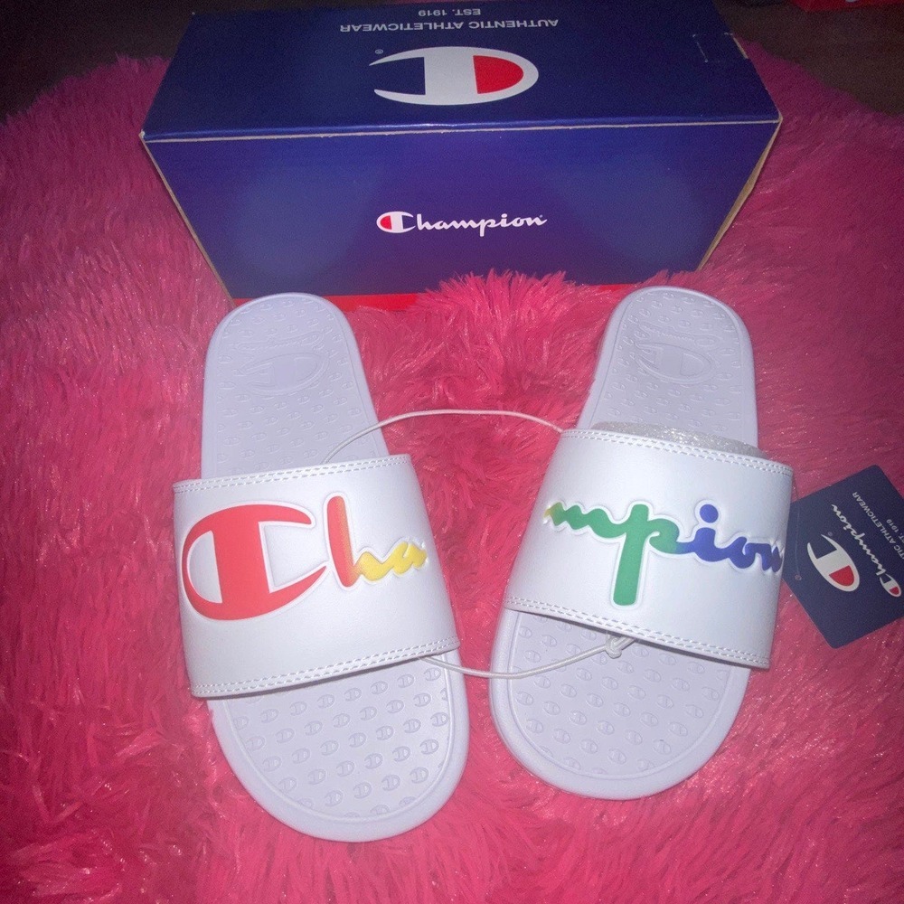 Champion Super Slide White/Rainbow Split Script‎ Sandals Women's NWT Size 8